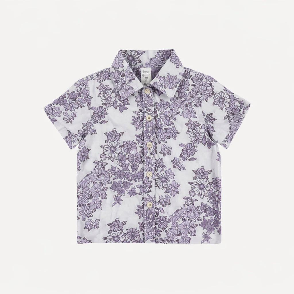 short sleeve button down shirt | lavender wildflower | organic cotton gauze