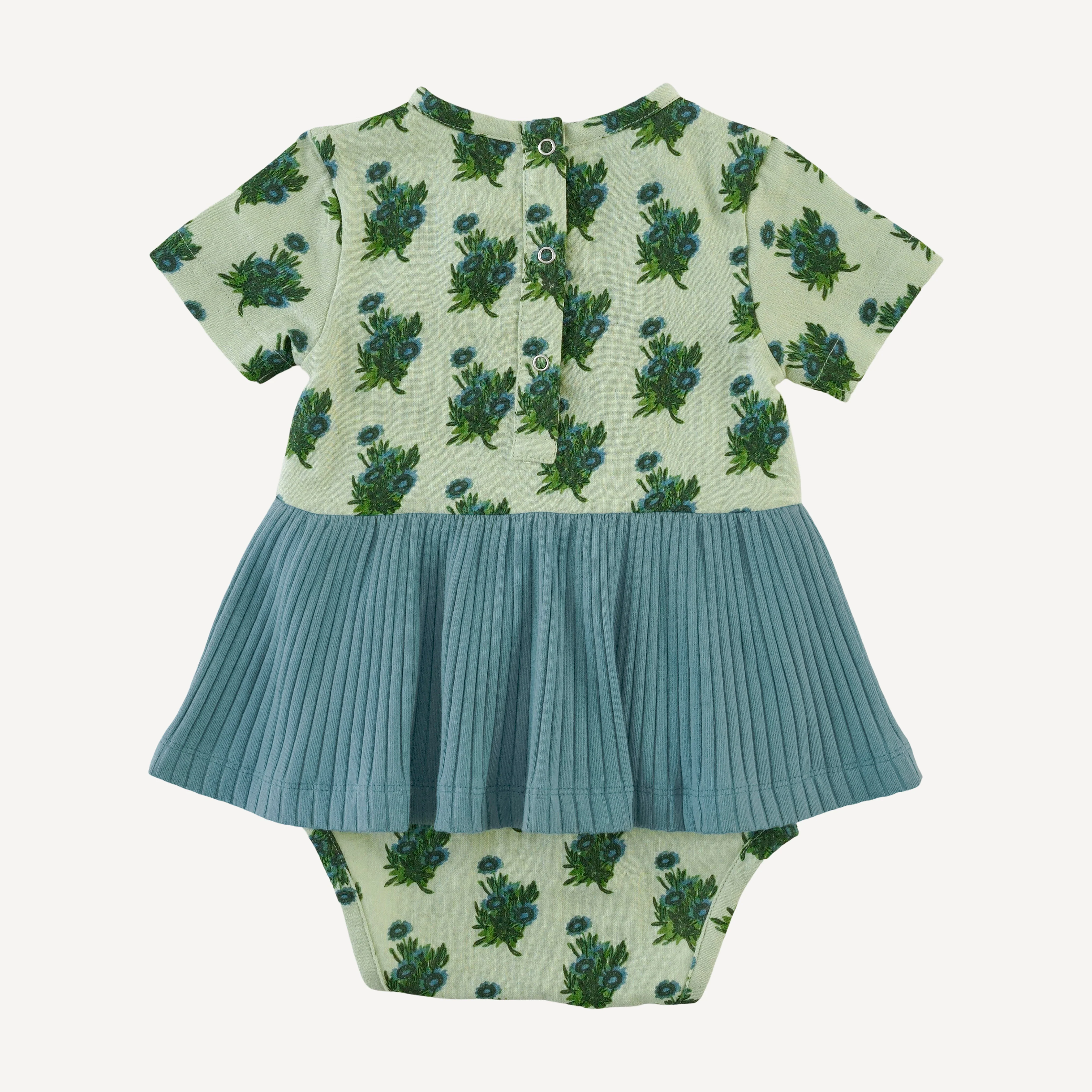 short sleeve ruched skirted bodysuit | blue tiny calendula | organic cotton gauze - Image 3