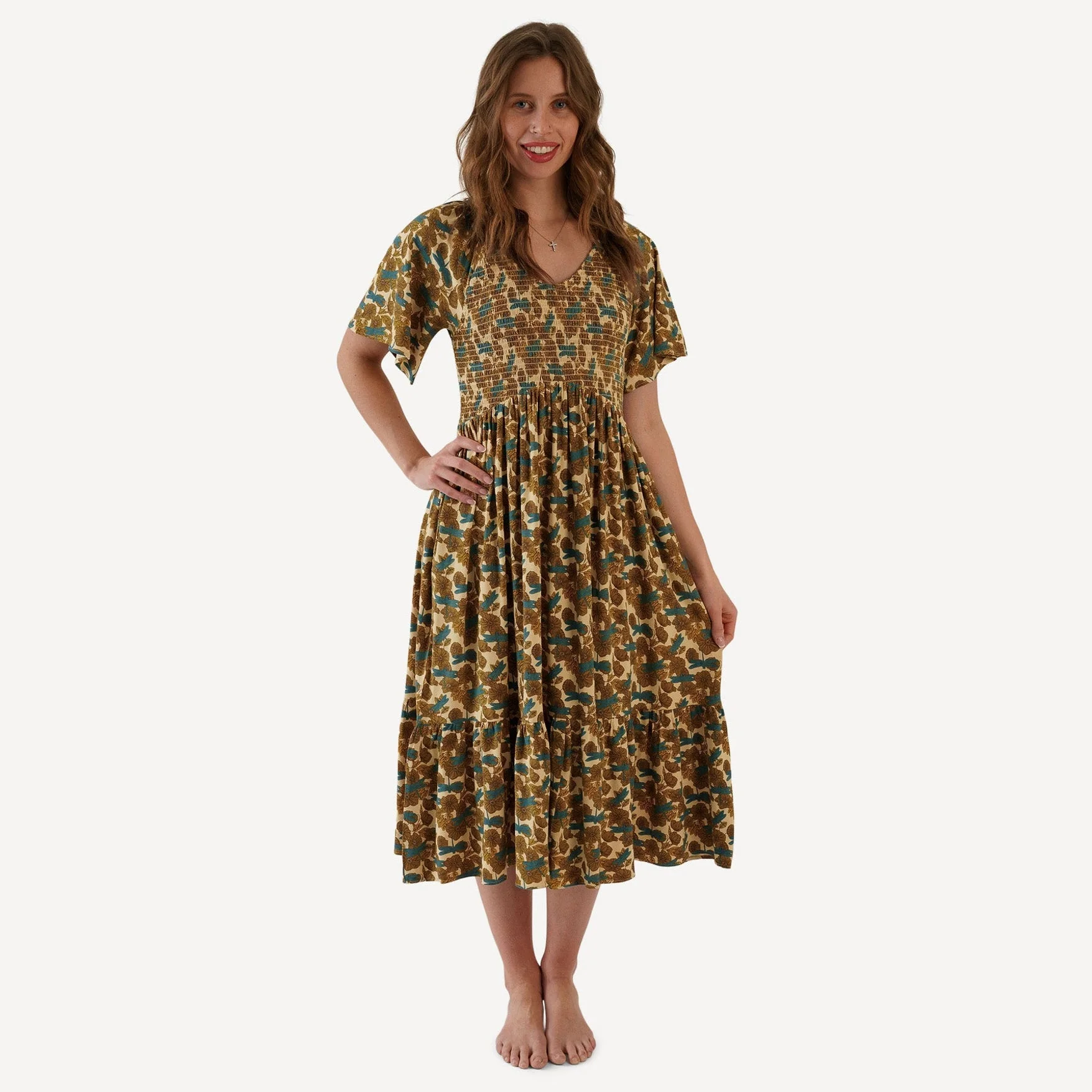 womens flutter sleeve smocked midi dress | dragonfly garden | bamboo
